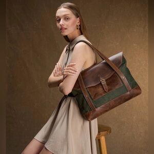 Elegant Trabag Brown and Green Unisex Calfskin Leather and Waxed Canvas Tote Bag